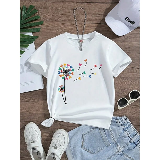 Young Girl Simple Dandelion Print Short Sleeve T-Shirt