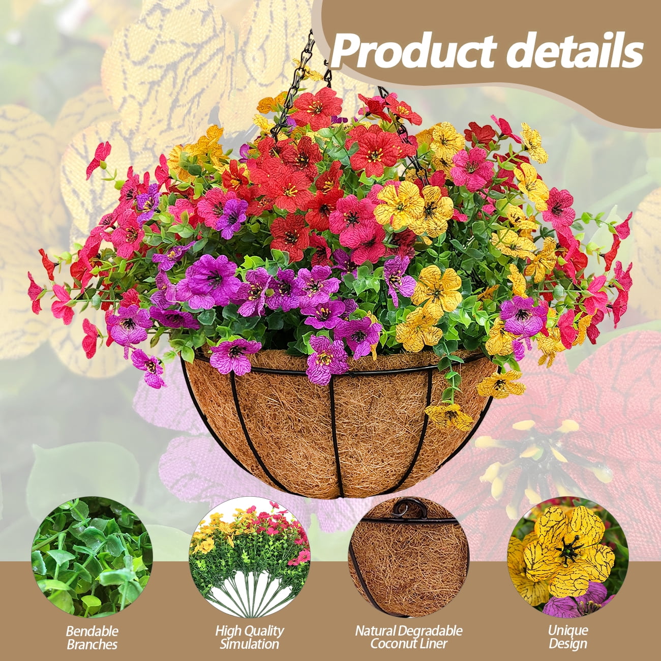 2 Sets of Artificial Hanging Baskets, 24 Simulated Flowers, with Metal Coconut Baskets, Suitable for Outdoor Spring and Summer Courtyard Decoration