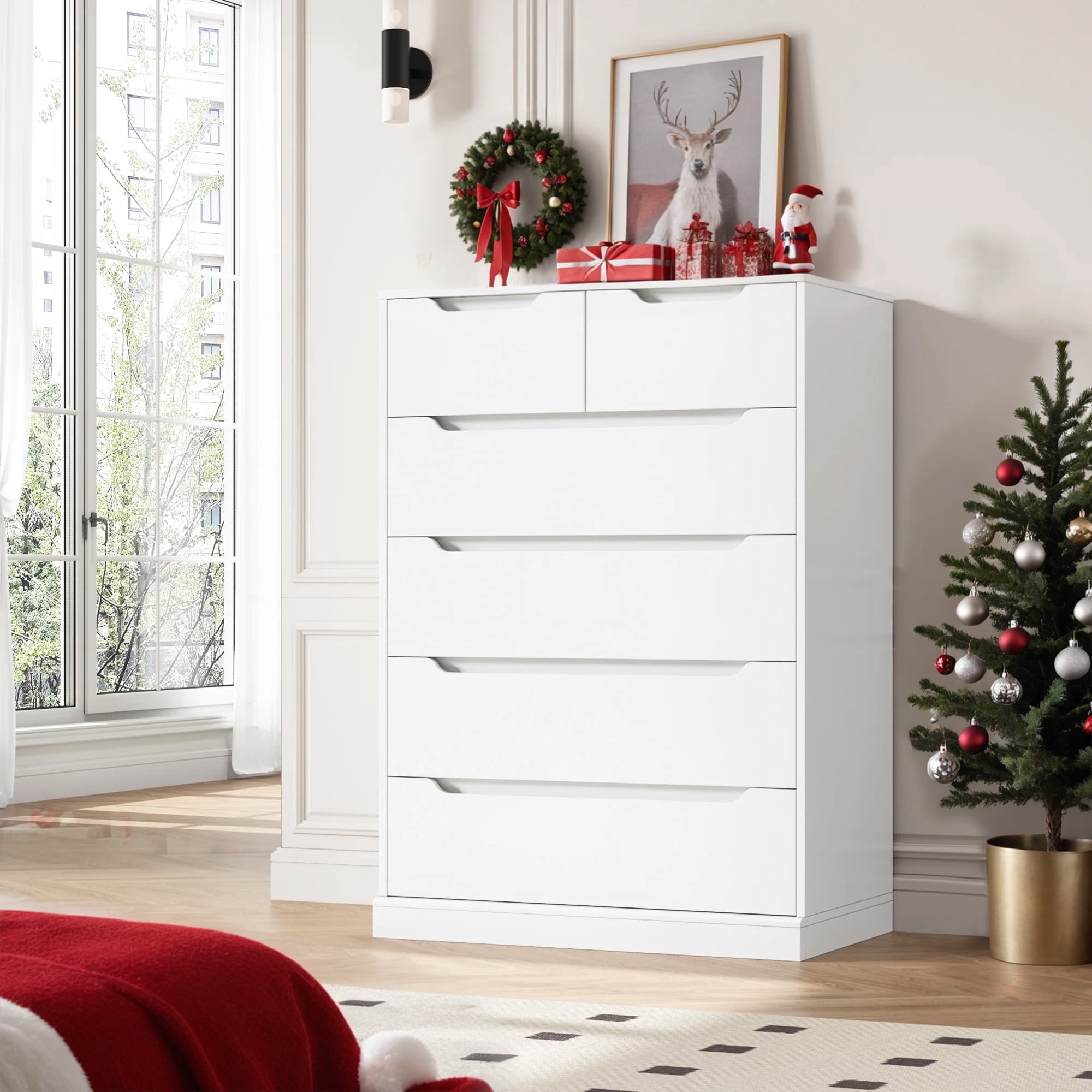 Homfa 6 Drawer White Dresser, 43.3" H Wood Storage Cabinet with Upgraded Stable Base Vertical Chest for Bedroom Living Room