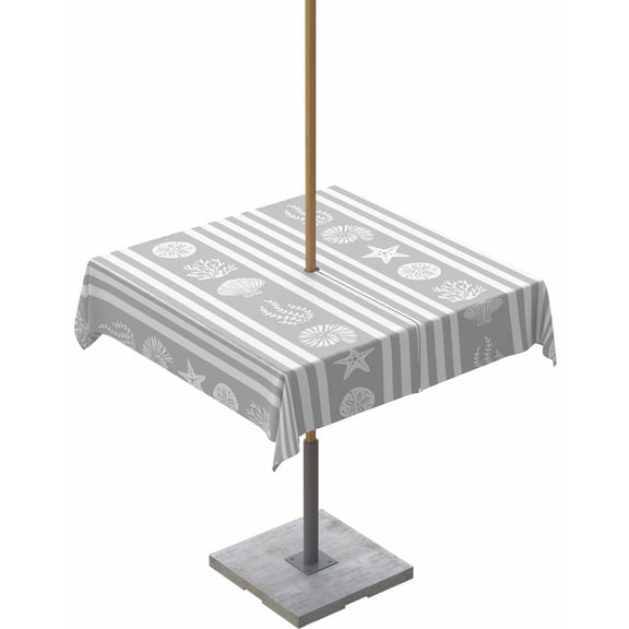 Fsddascl Grey Striped Coastal Outdoor Tablecloth - 60x60 Inch Square Dining Table Cover, Nautical Beach Starfish Shell Waterproof Outdoor Table Cloth with Umbrella Hole & Zipper for Picnic/Patio