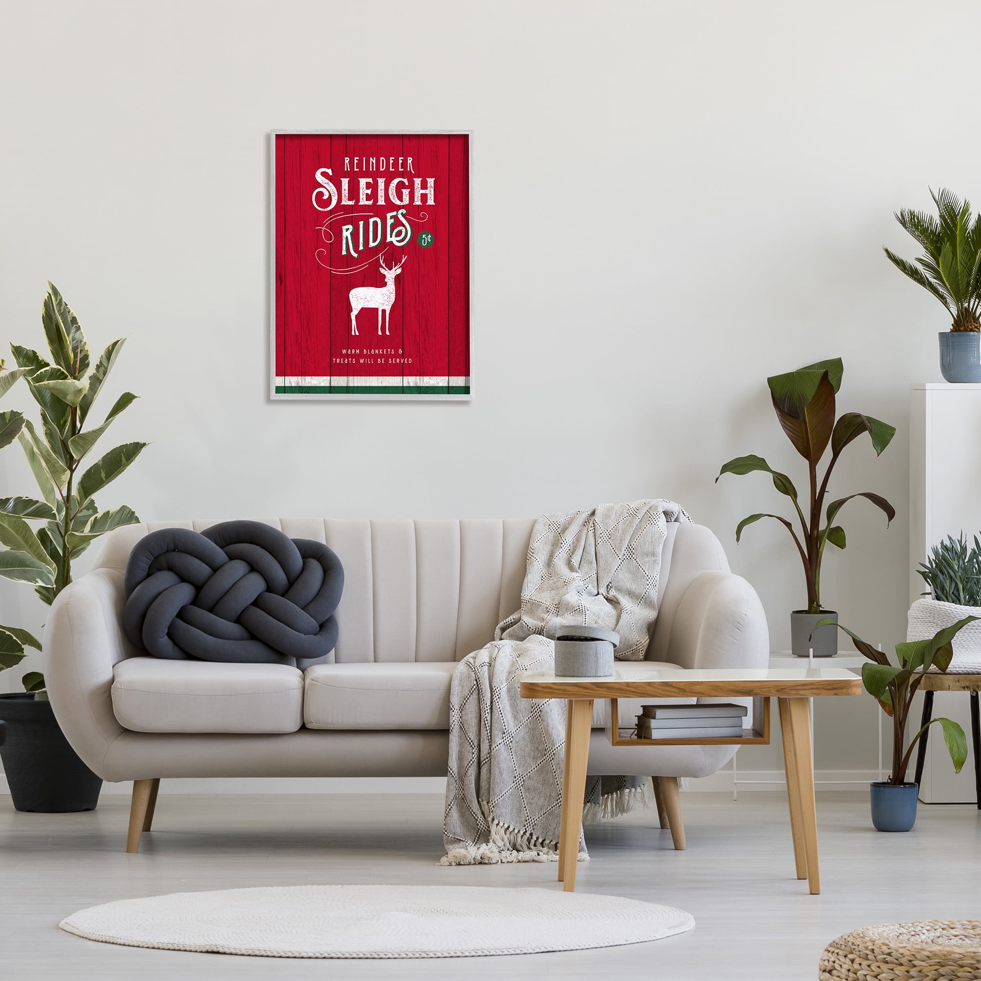 Stupell Industries Reindeer Sleigh Rides Christmas Advertisement Red Green Holiday Painting Gray Framed Art Print Wall Art, 24 x 30