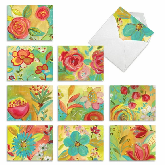 10 All Occasion Blank Note Cards Assorted (4 x 5.12 Inch) - SUMMER FLOWERS M3741OCB-B1x10