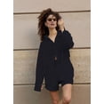 thumbnail image 6 of Women'S Cotton Cardigan Long Sleeve Top and Shorts Set Minimalist Solid Color Loungewear Outfit Black S, 6 of 9