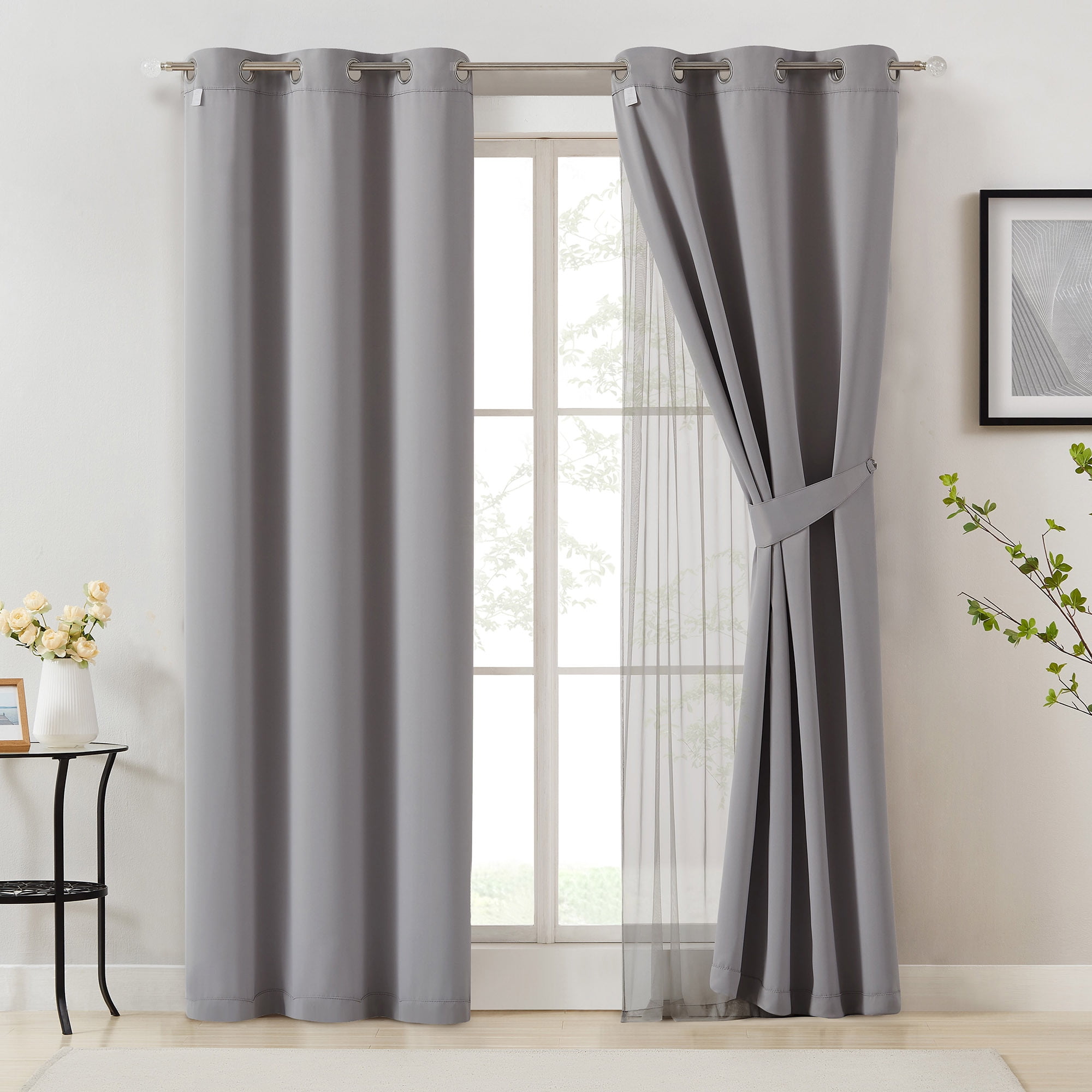 Pinewave Blackout Curtains with Sheer Overlay Mix and Match Double Layer,Grommet Top,37"Wx63"L,Grey,2 Panels