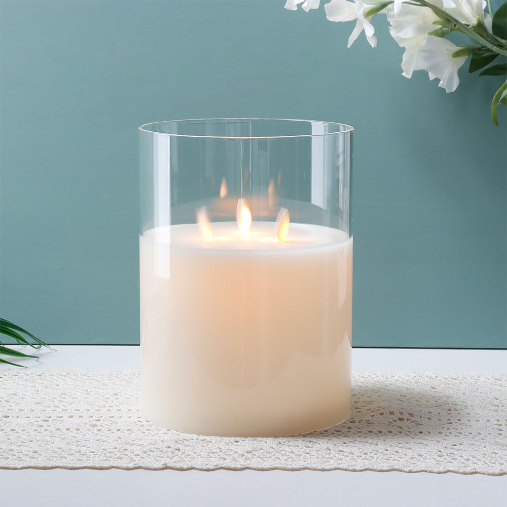 JHY DESIGN 3-Wick Flicker LED Flameless Pillar Candles with Timer, Real Wax, Battery Operated, 8'' High