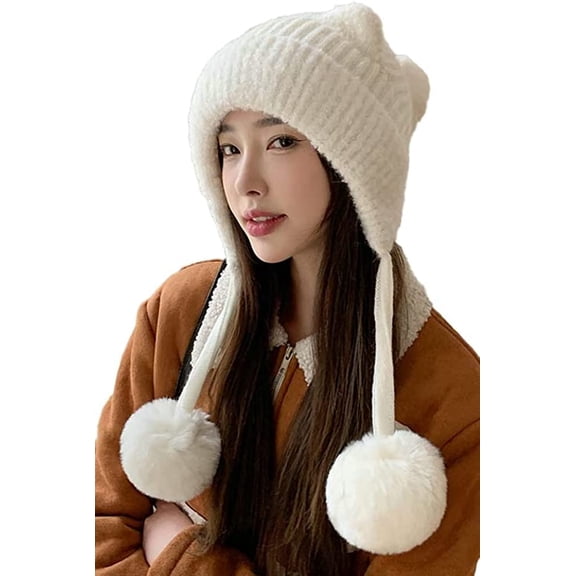 CoCopeaunts Womens Winter Pompom Beanie Hats Ear Flap Soft Crochet Beanie Hat Warm Trapper Hat