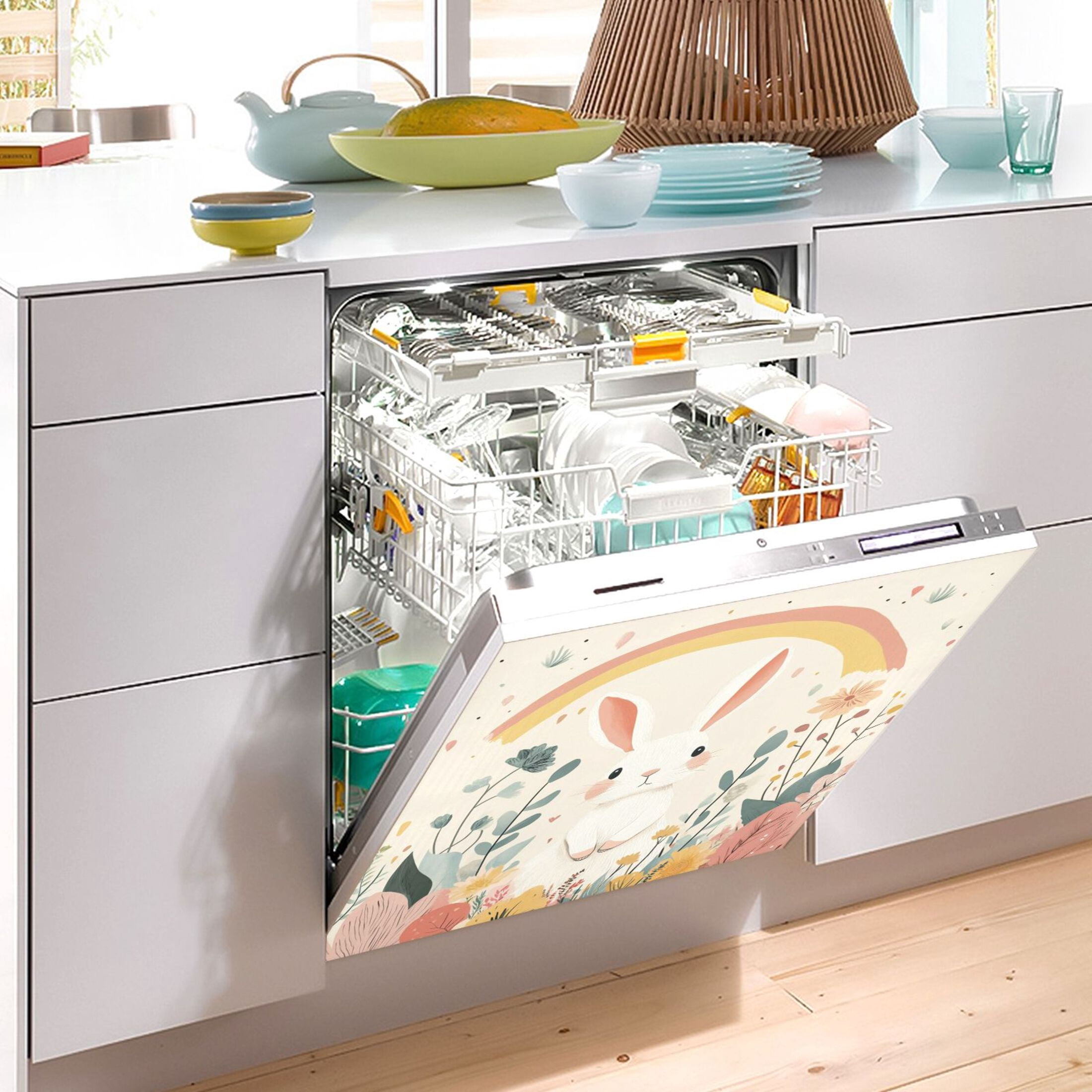 Dishwasher Magnetic Sticker 23x26 Inch Refrigerator Magnetic Sticker Washing Machine Magnetic Sticker Kitchen Panel Magnetic Sticker Home Decor Rainbow Cute Rabbit