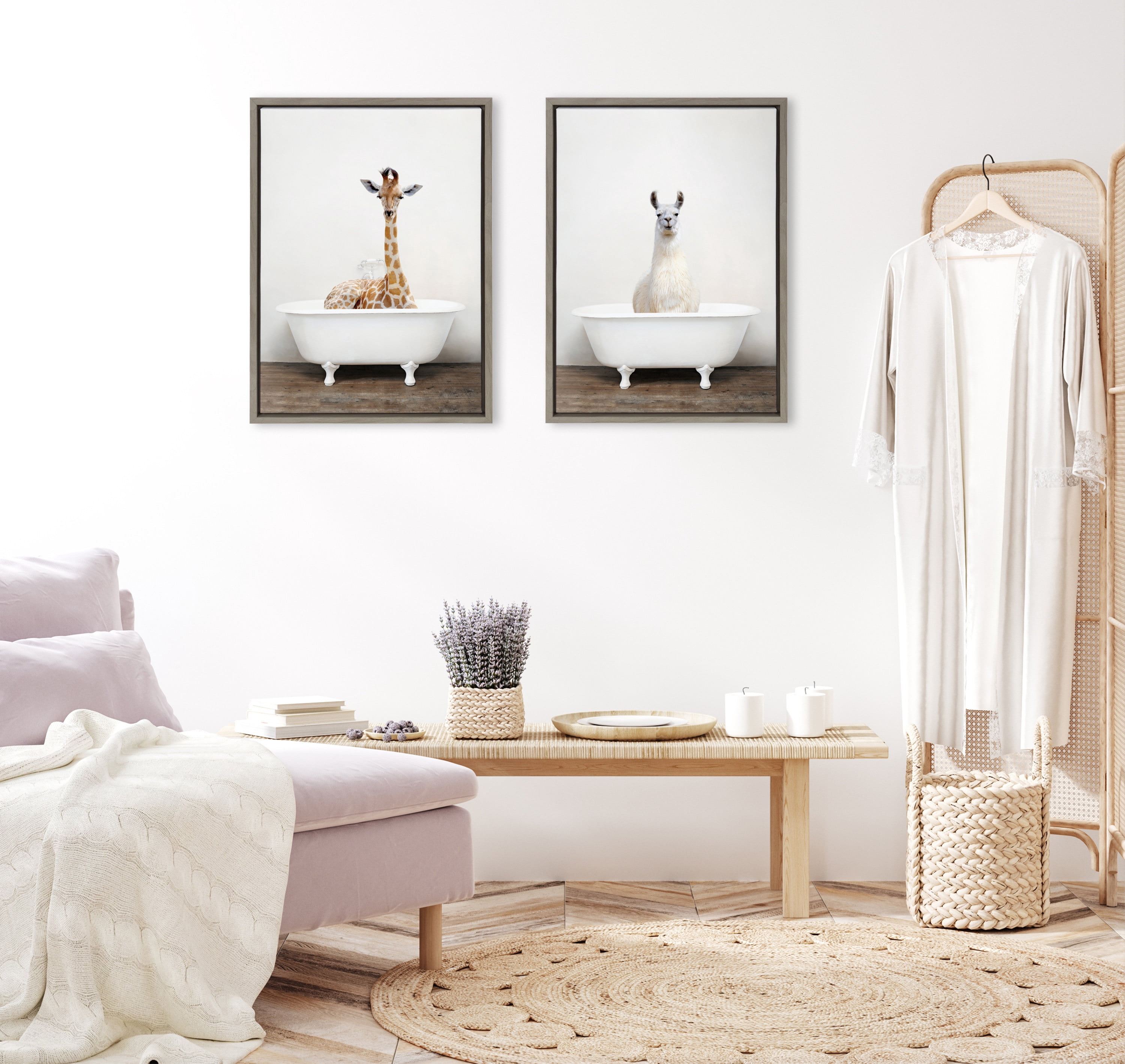 Kate and Laurel Sylvie Giraffe 2 in the Tub Color Framed Canvas Wall Art by Amy Peterson Art Studio, 18x24 Gray, Modern Fun Decorative Bathtub Wall Art for Home Décor