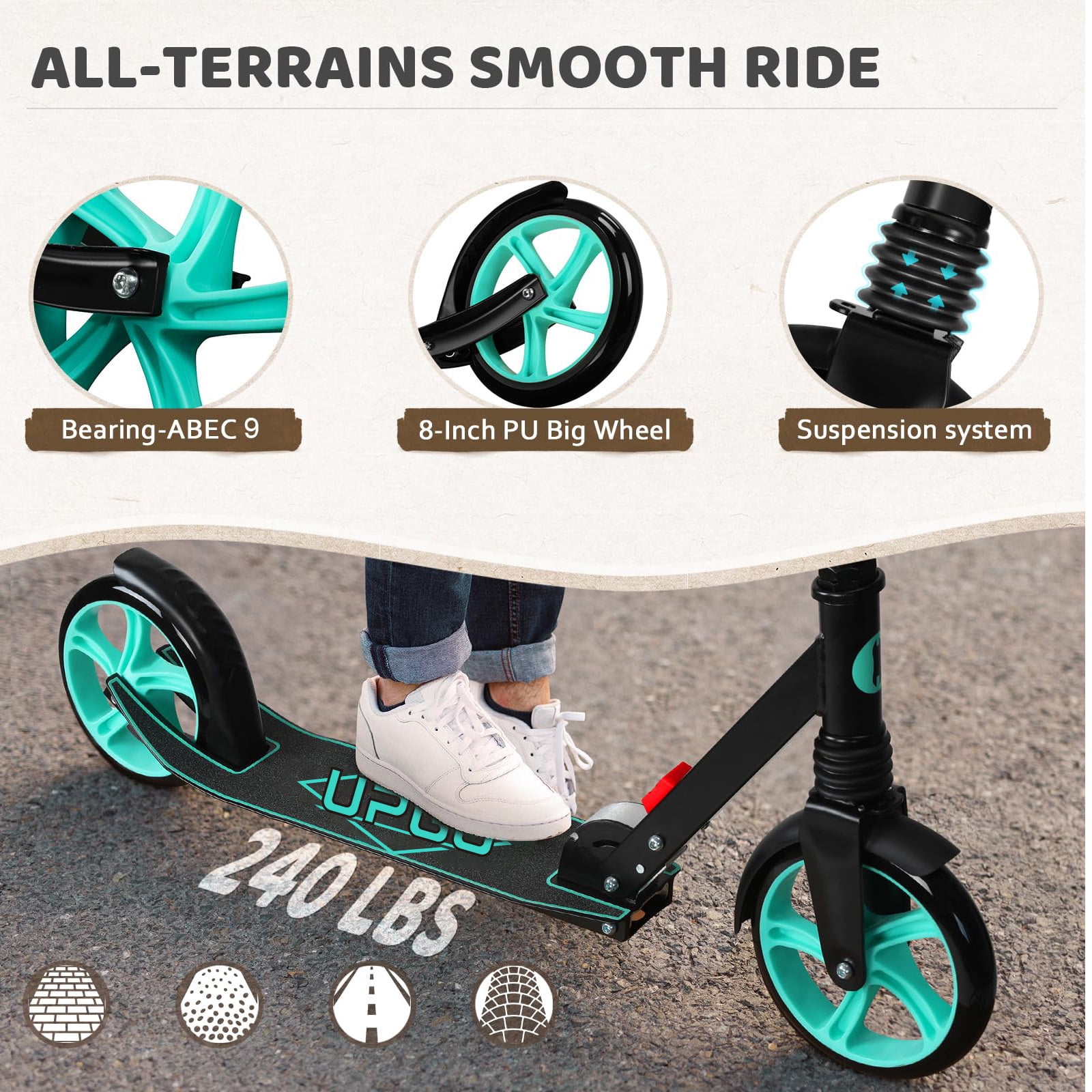 UPGO Kick Scooter for Ages 6+, Kids, Teens & Adults, 240 lb Max Load, Foldable, 8-Inch Wheels,Aquas