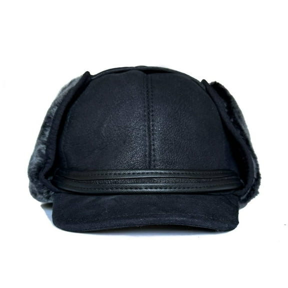 Men’s Shearling Leather Trapper Hat – Aviator Winter Cap with Genuine Sheepskin Ear Flaps | Cold Weather Leather Cap (US, Alpha, 3X-Large, Black/Gray Fur)