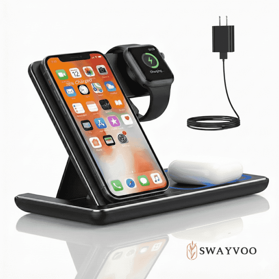 Swayvoo 3 in 1 Wireless Charging Station for iPhone 16 15 14 13 12 11 X Pro Max,Apple Watch, AirPods and Multiple Devices Black