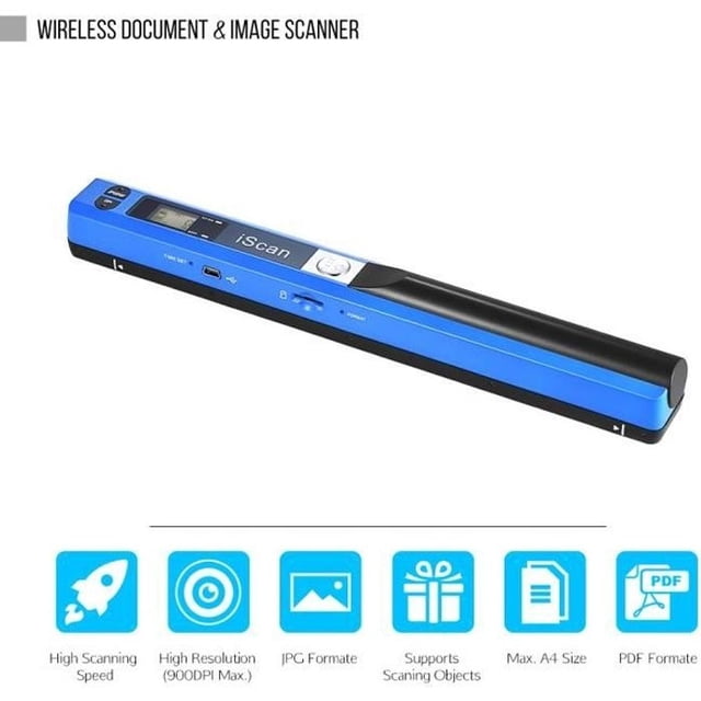 Portable Wireless Document Scanner A4 900DPI JPG/PDF Format LCD Display with Bag for Office School Blue(CD)