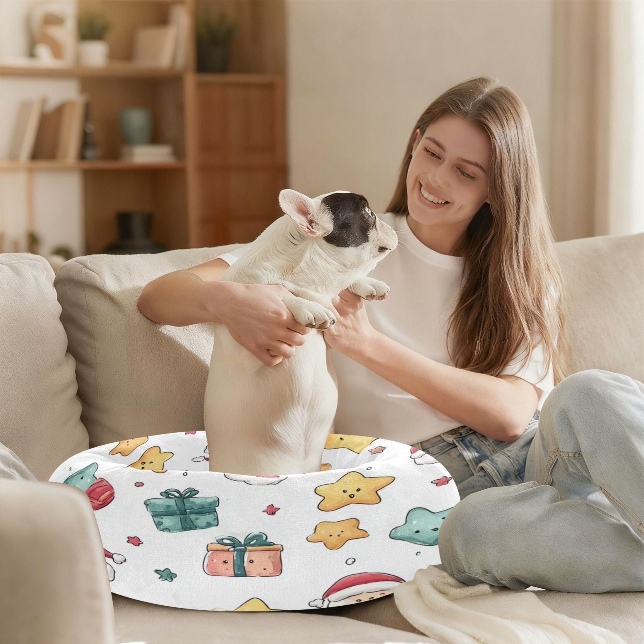 Iauyy Pet Couch Donut Cat Bed for Indoor Cats/Small Dogs Washable & Machine with Non-slip Bottom Calming Cat Furniture, Cartoon Face (M)