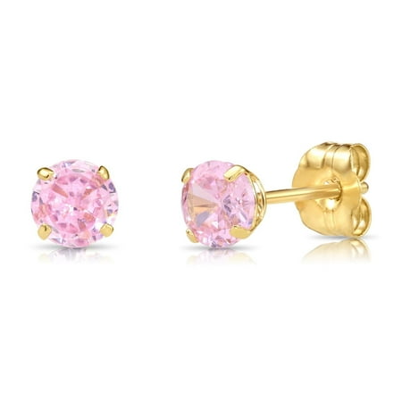 Tilo Jewelry 10K Yellow Gold Pink Round Stud Post Earrings with Cubic Zirconia CZ Birthstone | October-Tourmaline | Women, Men, Unisex