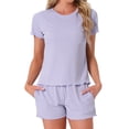 thumbnail image 1 of Conjunto de pijama para mujer INSPIRE CHIC de 2 piezas con camiseta de manga corta y pantalones cortos con volantes y bolsillo en color púrpura, 1 of 6