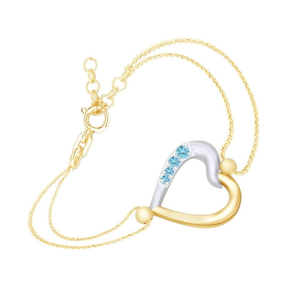 AFFY Round Shape Simulated Blue Topaz Two Tone Heart Link Chain Bracelets In 14k Yellow Gold Over Sterling Silver-8.5"