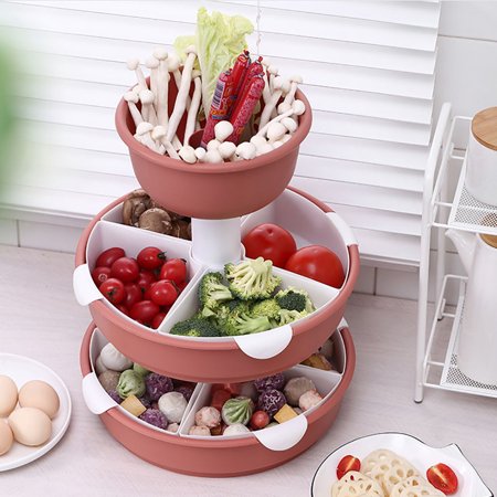 

3 Tier Fruit Drain Basket Countertop Hot Pot Platte Rotable Food Tray Fruit Vegetables Holder(Pink)