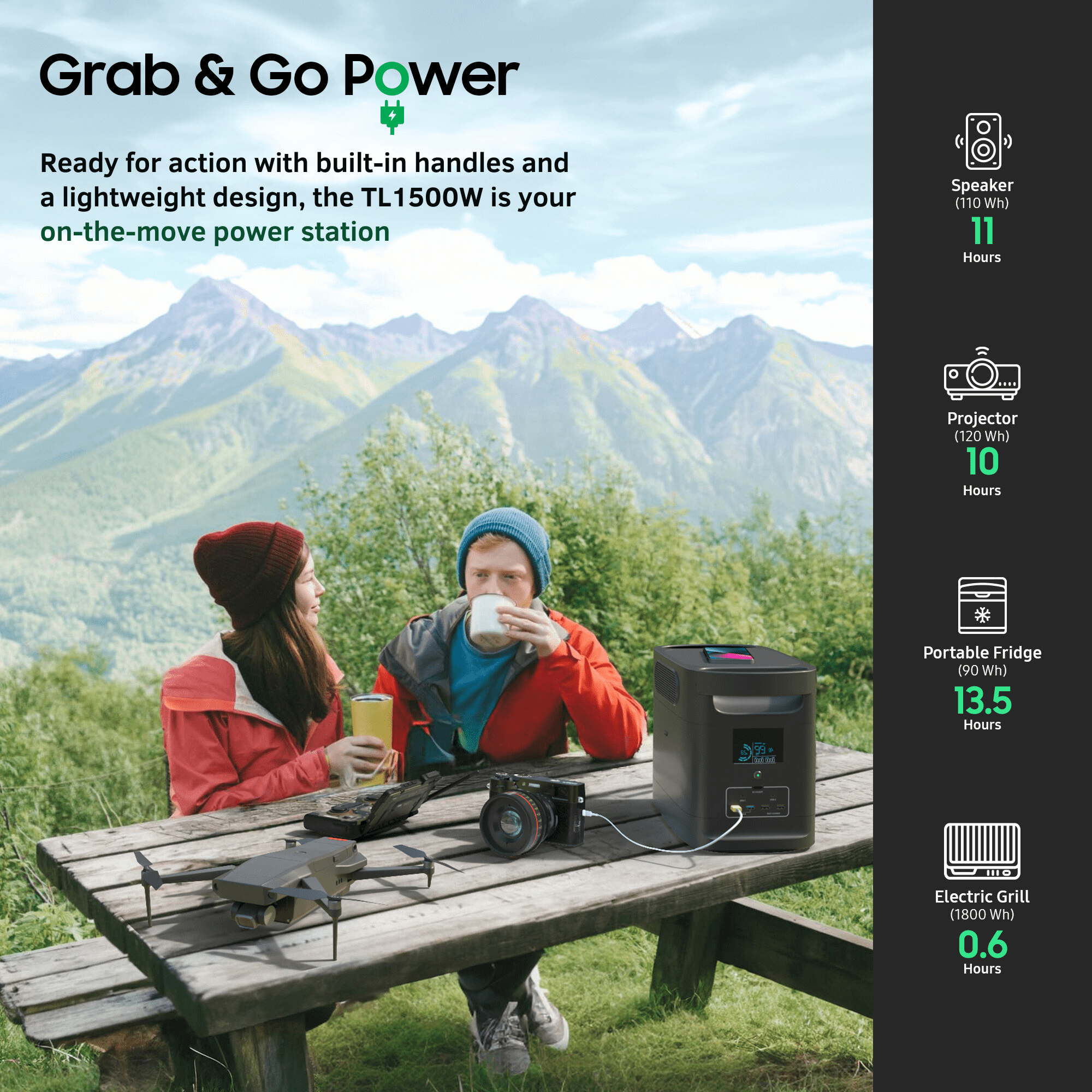 DECOMIL W1500 Portable Power Station, 1500W/1228Wh LiFePO4, 4 AC Outlets, Wireless Charging, 600W Solar Input, Pure Sine Wave, Camping & Home Backup Power
