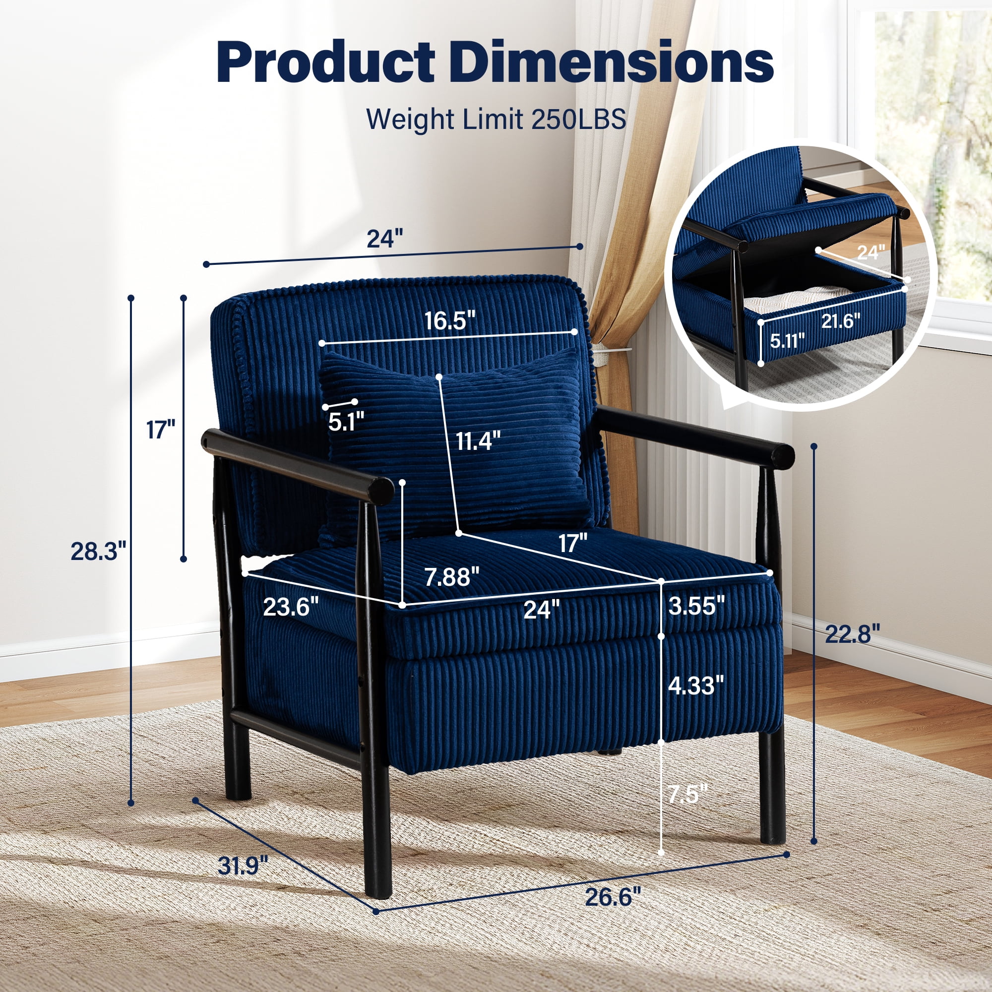 Aukfa Upholstered Accent Chair with Storage Seat & Waist Cushion, High-Density Lounge Armchair for Living Room Bedroom,Blue