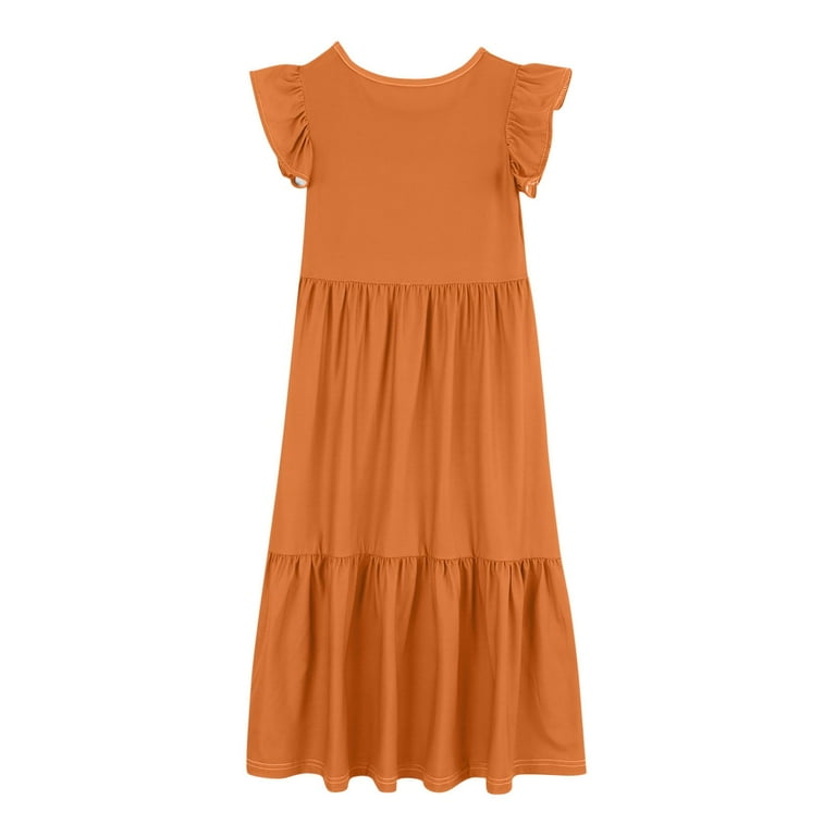 Zwiiyzr Girls Summer Ruffle Dress Flutter Short Sleeve Crew Neck Loose  Casual Flowy Tiered Midi Dress with Pockets for 6-12 Y Orange - Walmart.com
