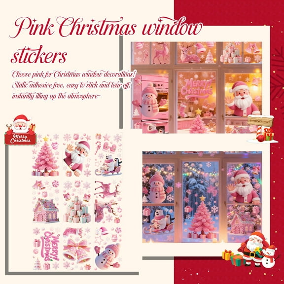 9 Sheets Pink Christmas Window Clings, Static Window Stickers for Glass Doors & Windows, Removable Snowflake Decals for Christmas Holiday Party, New Year, Winter Wonderland Home Decorations