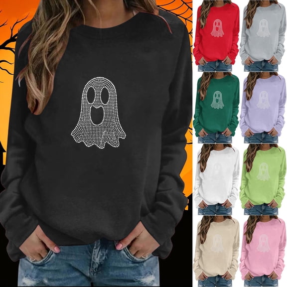 BXJX Womens Halloween Sweatshirts, Holiday Long Sleeve Rhinestone Crew Neck Pullover Tops for Halloween Black Size S-2XL