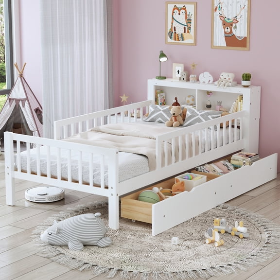 Twin Size Platform Bed with Storage Headboard & Two Under-Bed Drawers, Wooden Kids Bed Frame with Three-Side Guardrails for Safety and Security, White