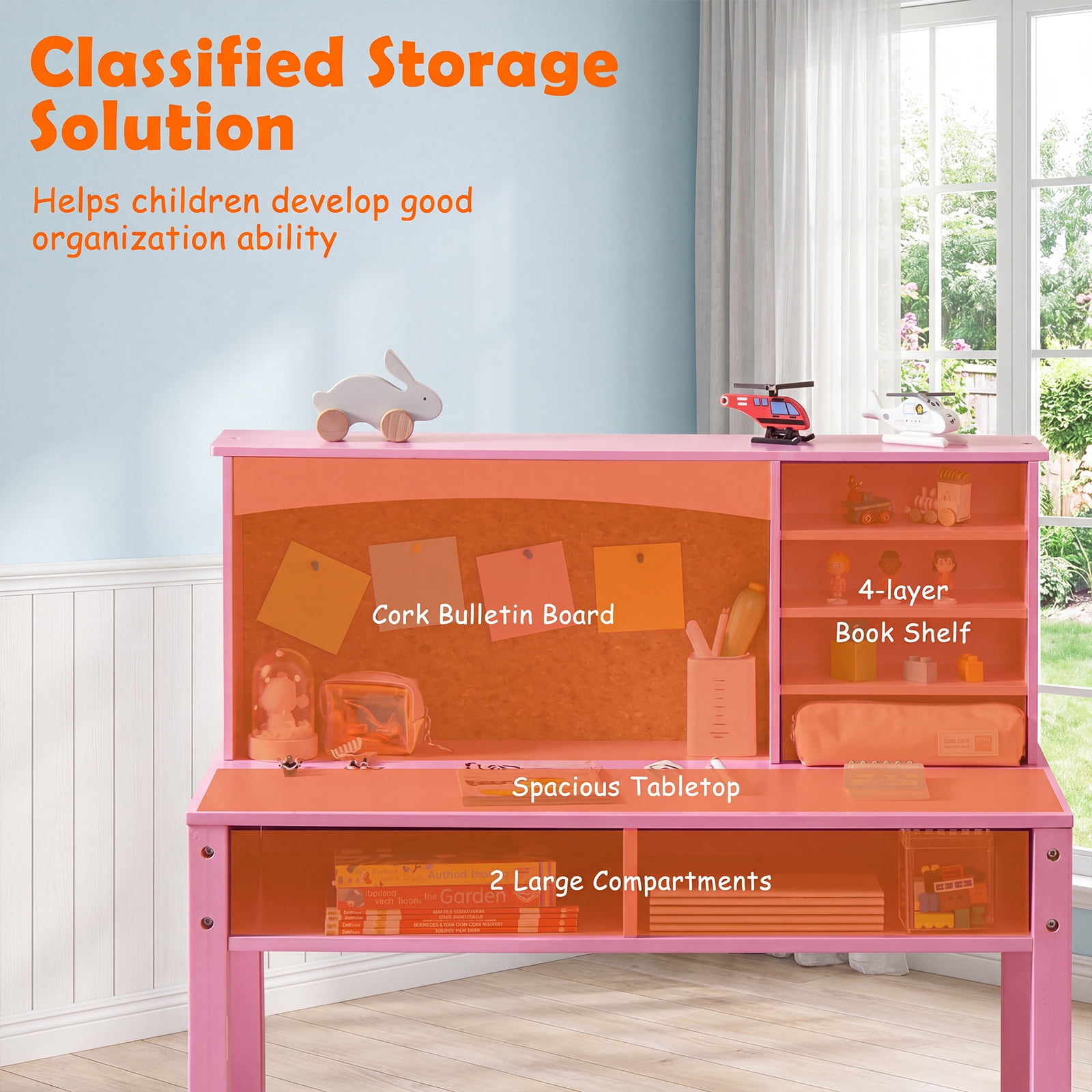 Furnibear Kids Desk and Chair Set with Hutch and Bulletin Board, Children Study Desk and Chair with Storage, Kids Writing Desk, Pink