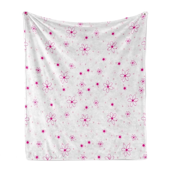 Princess Soft Flannel Fleece Throw Blanket, Pattern with Flowers Simple Classic Art Springtime Garden Cheerful, Cozy Plush for Indoor and Outdoor Use, 70" x 90", Magenta Fuchsia White, by Ambesonne
