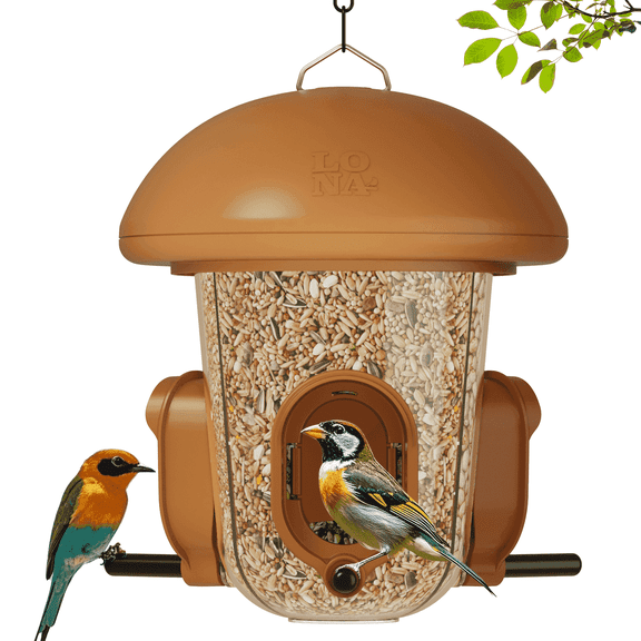 LONA-S610 Outdoor Bird Feeder, 3-Compartment Hanging Feeder with Weatherproof Dome & 3 Ports (Brown)