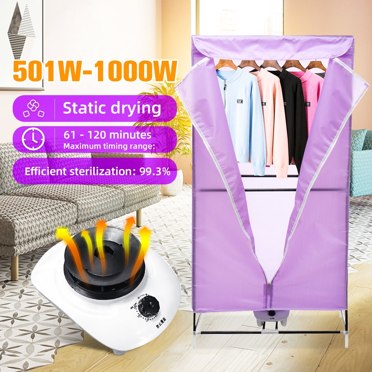 Electric Hot Air Clothes Dryer Drying Wardrobe 1000W Efficient