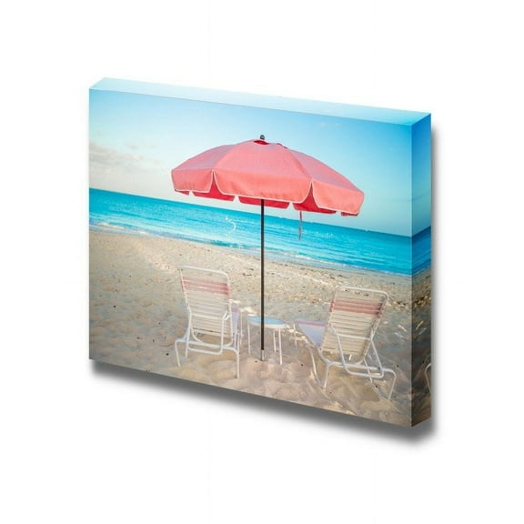 wall26 Tropical Beach Setting with a Big Red Umbrella and Beach Chairs - Canvas Art Wall Art - 24" x 36"