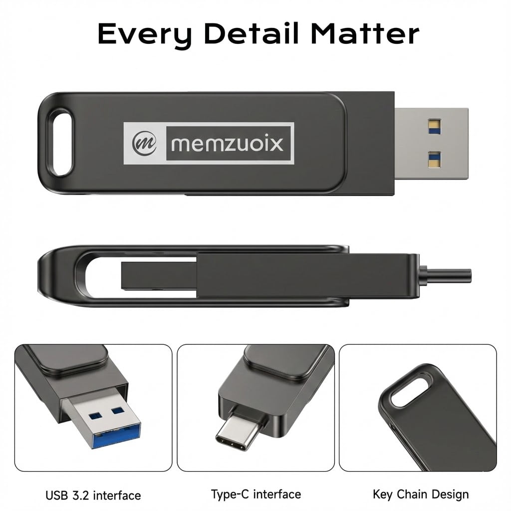 128GB USB Flash Drive, memzuoix Portable USB 3.2 Type-C Thumb Drive, Photo and Video Backup, 2 in1 External Memory Stick for PC/Laptop, Jump Drive for iPhone, OTG Android Phone, PC, Black