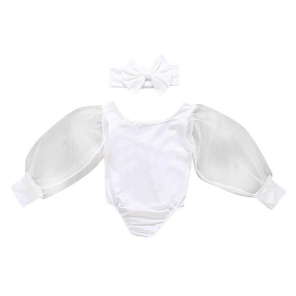 GZEFJRQM Girls Summer Sets Tulle Puff Long Sleeve Solid Color Romper Bodysuit   Bow Headband 2pcs Outfits Kids Clothes Girls Newborn Clothes Girl for Daily and Family Photo White 12-18 Months