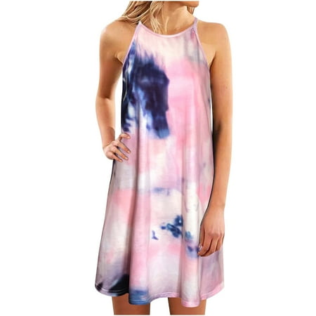 

Womens Spaghetti Strap Cami Dress Summer Sexy Casual Ombre Tie Dye Sleeveless Crewneck Knee Length Beach Sling Dress