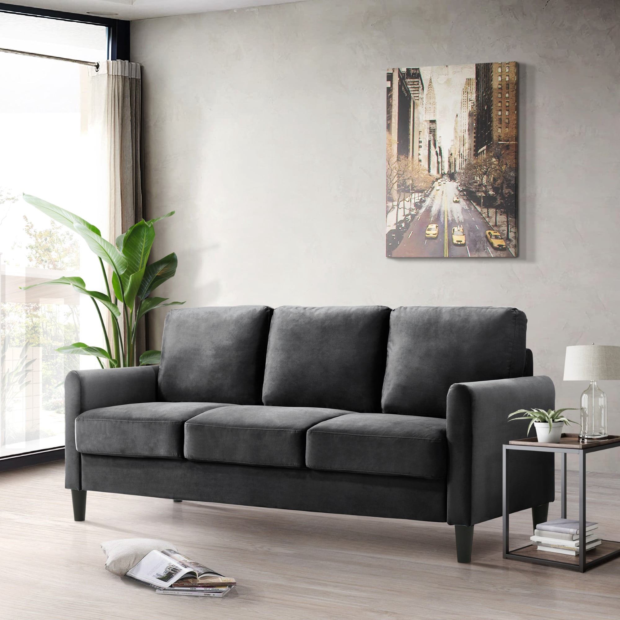 Home Design Airell Velvet Arm Sofa with Plush Armrests and Sleek Black Legs, Modern Upholstered Design for Living Room, Dark Gray