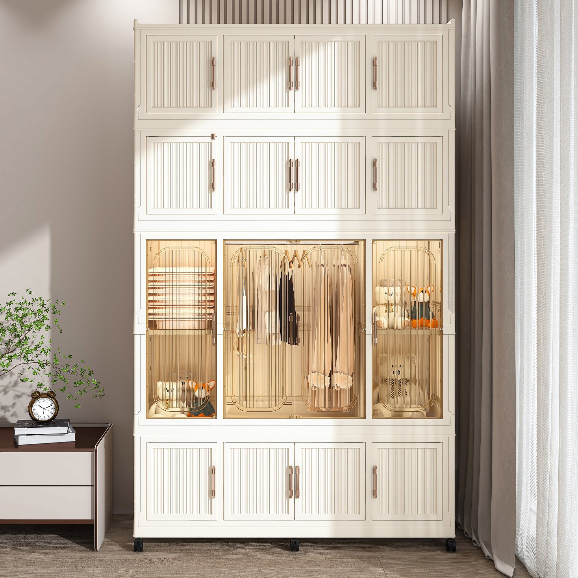 Resenkos Portable Wardrobe Closet Storage Organizer, Clothes Dresser with 16 Magnetic Doors (16 Cubes & 1 Hanging Rod) & 6 Hangers, Cream White