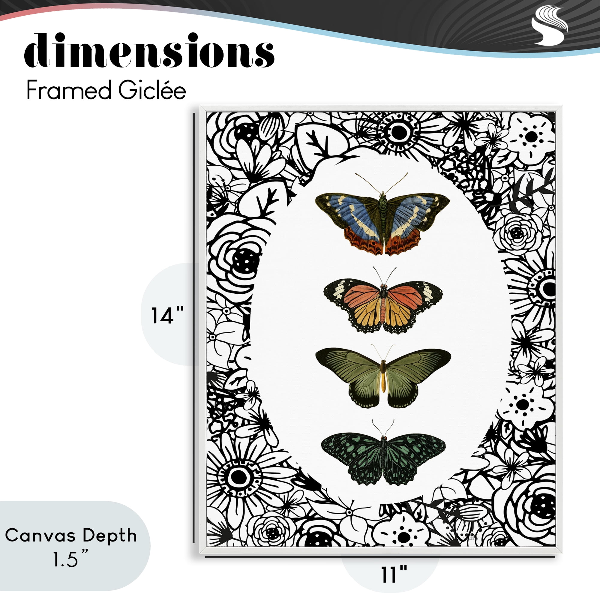 Stupell Industries Floral Border Butterfly Lineup White Framed Giclee Art, design by Dan Meneely