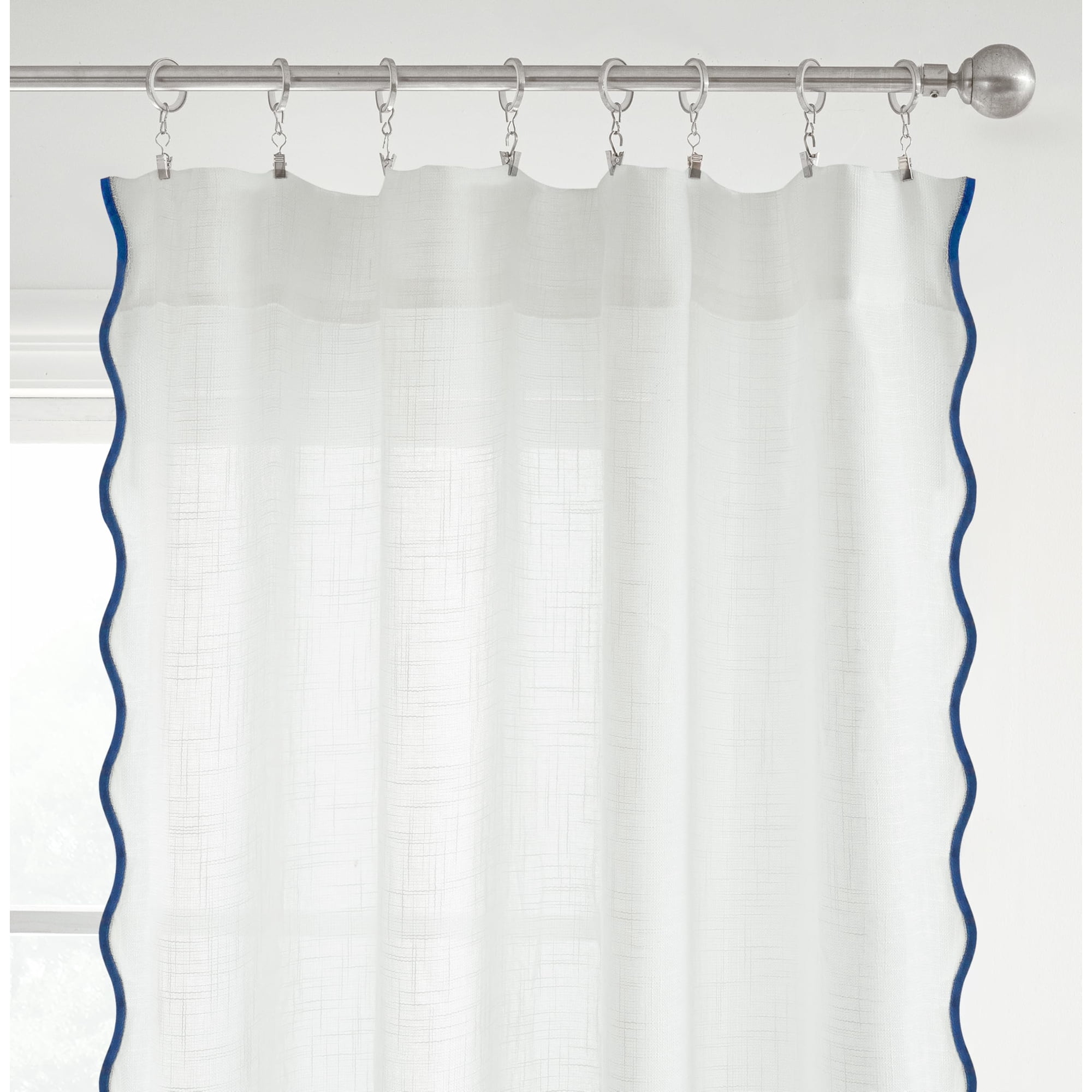 DriftAway Semi Sheer Scalloped Edge White Coastal Beach Window Curtains for Living Room Bedroom 2 Panels Rod Pocket Each Size 52 Inch by 84 Inch Navy
