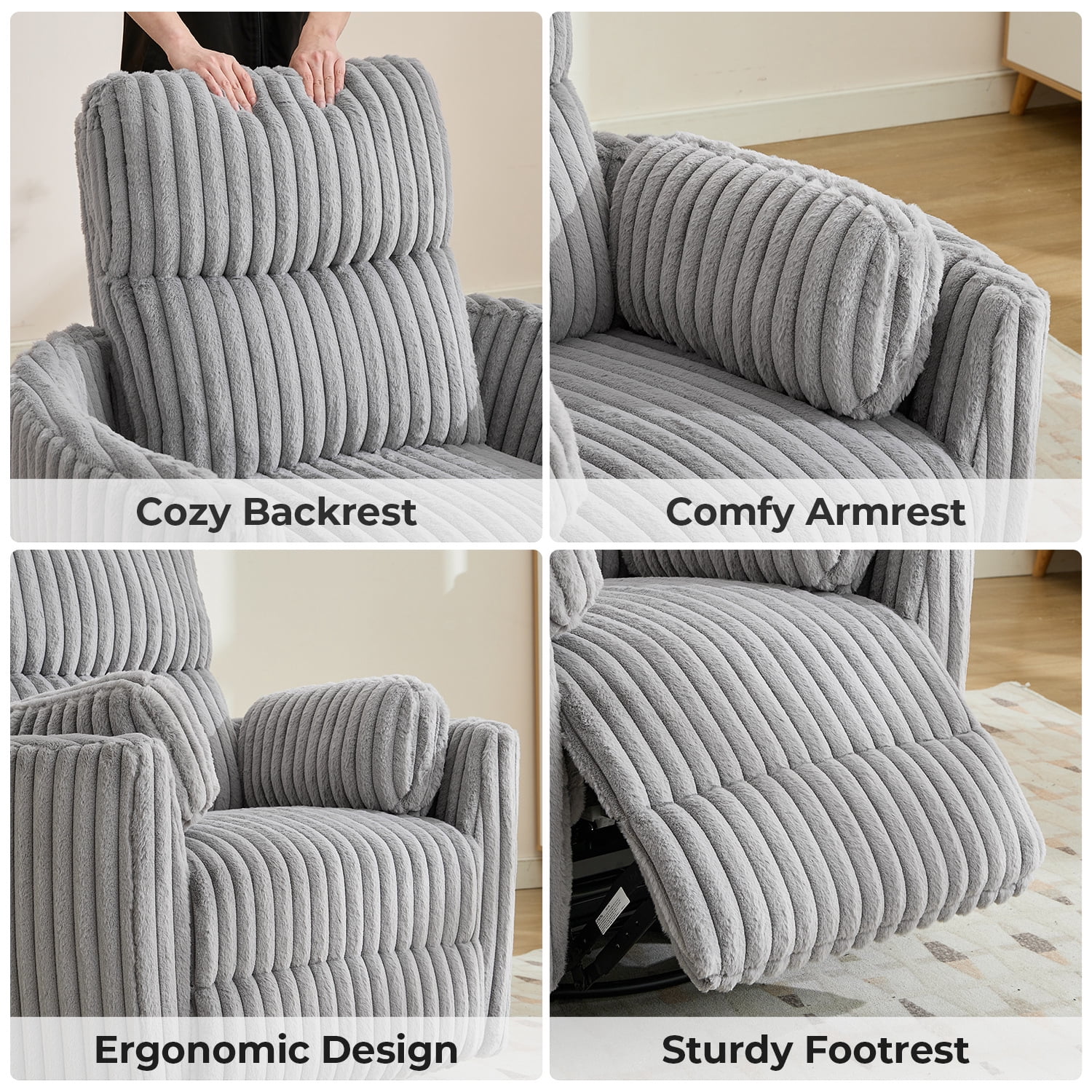 Adult Faux Fur Nursery Power Swivel Glider and USB Recliners with 2 Removable Pillows, Gray