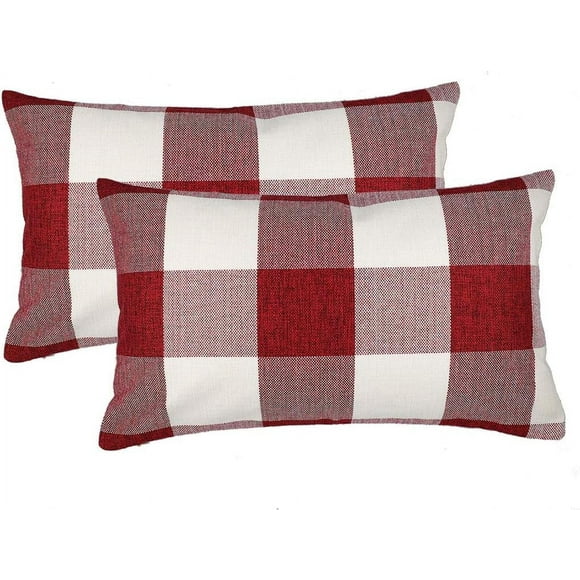 Ensemble de 2 Housses de Coussin à Carreaux Style Ferme en Polyester Lin pour Décoration de Noël Rouge et Blanc, 12 x 20 Pouces