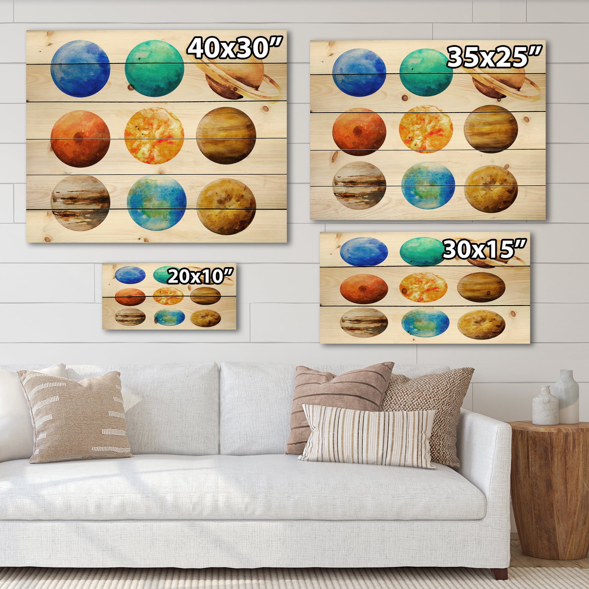 Designart 'Different Planets In Orbit' Modern Print on Natural Pine Wood