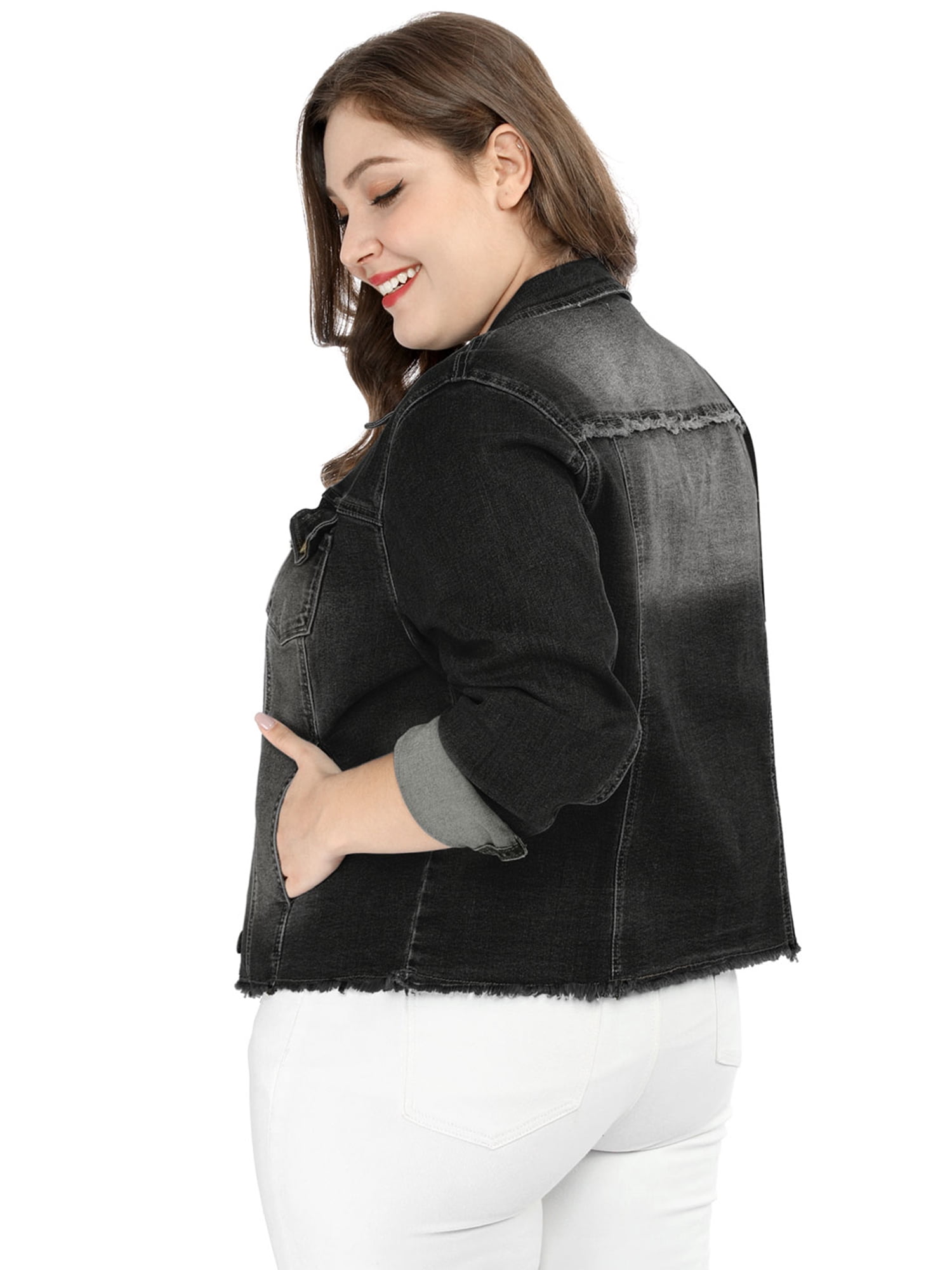DARING DIVA Women's Plus Size Washed Front Frayed Classic Denim Jacket 6X Black