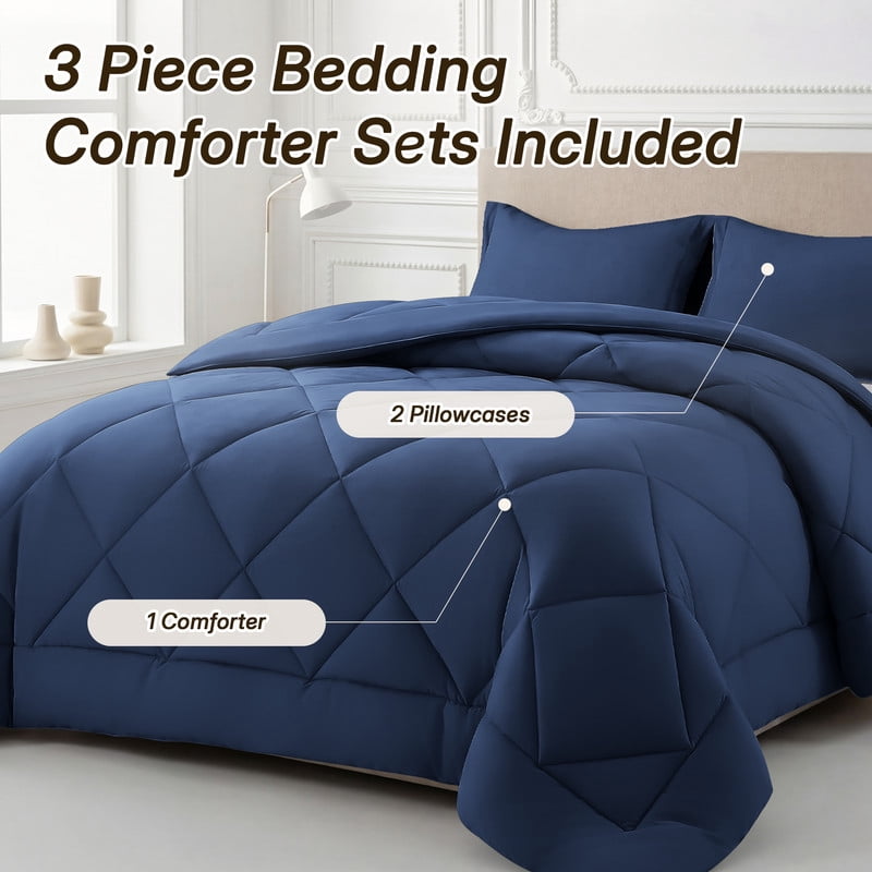 3 Pieces Twin Size Comforter Set, All Season Lightweight Breathable Bedding Set with 1 Down Alternative Comforter and 2 Pillowcases, Navy