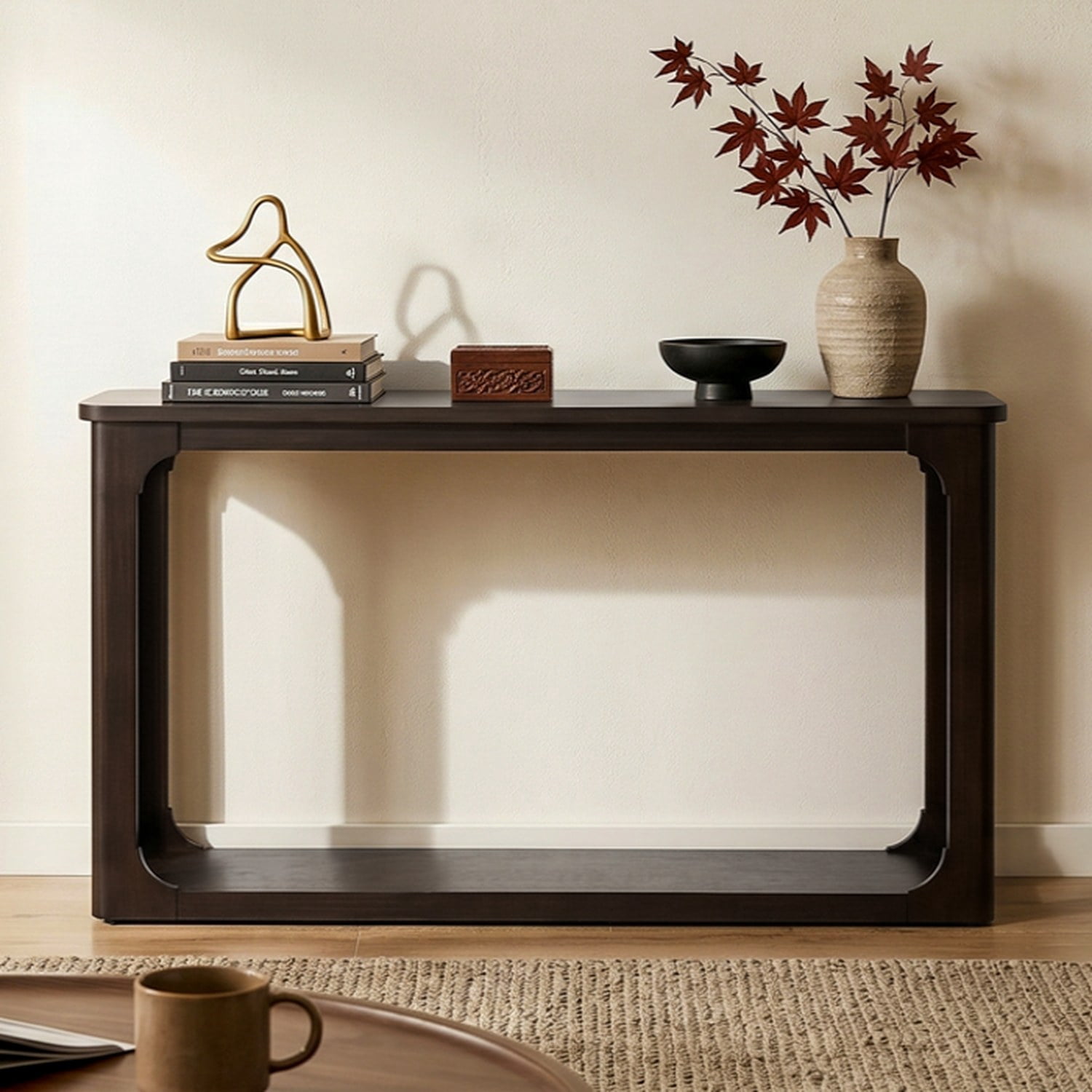 55" Espresso Minimalist Console Table with Open Arch Cutouts, Rounded Corners, Solid Wood Legs, Wood Veneer, Sturdy Bottom Shelf, Transitional Entryway Sofa Table for Living Room Hallway