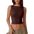 thumbnail image 3 of Women's High Neck Sleeveless Tank Tops with Backless Cropped Cut and Fitted Silhouette Featuring Solid Color Basic Style Coffee XL, 3 of 6
