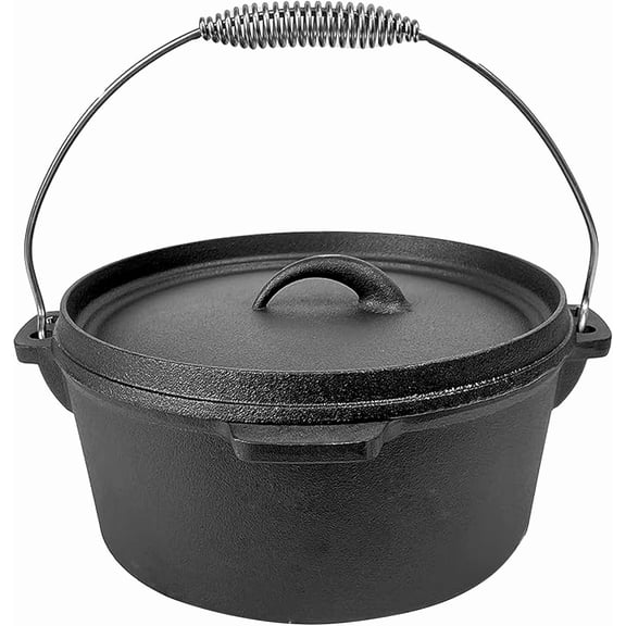 Cuisiland 4.5QT Cast Iron Dutch Oven with Lip Lid & Bail Handle – Pre-Seasoned Camping Pot for Outdoor Cooking, Roasting, and Baking – Heavy-Duty Campfire Cookware with Even Heat Distribution
