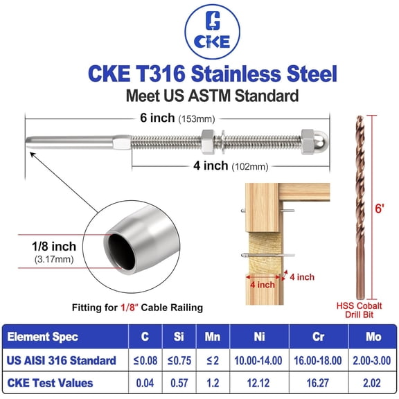 50 Pack Cable Railing Kit, 4x4 Swage Threaded Stud Tension End Fitting Terminal for 1/8" Cable Deck Railing, T316 Stainless Steel Cable Railing Hardware Tensioner for 4x4, 2x2 Wood Metal Post CR06