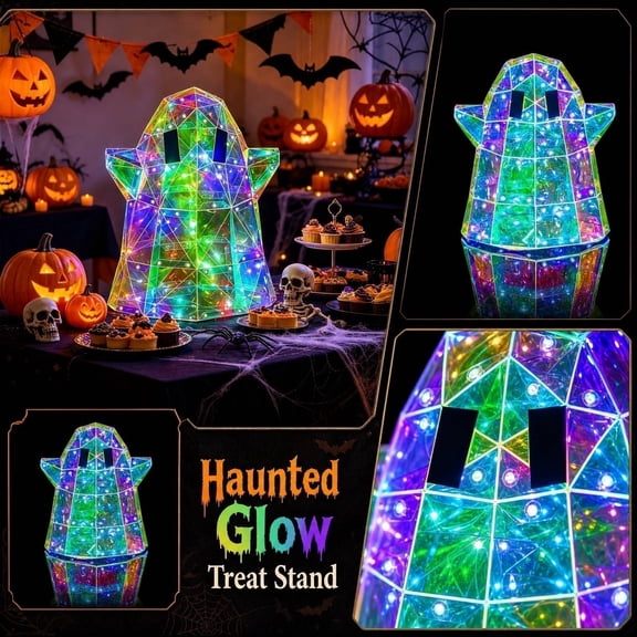 GoLucid Halloween Holographic Ghost Light Decoration 6.57"x7.87", LED Colorful Geometric Ghost Lamp, Indoor Table Window Decor