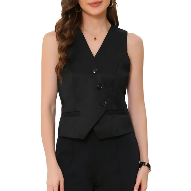 INSPIRAR CHIC Vestido de Oficina para Mujeres con Cuello en V, Botones, Sin Mangas, Chaleco Corto XL Negro